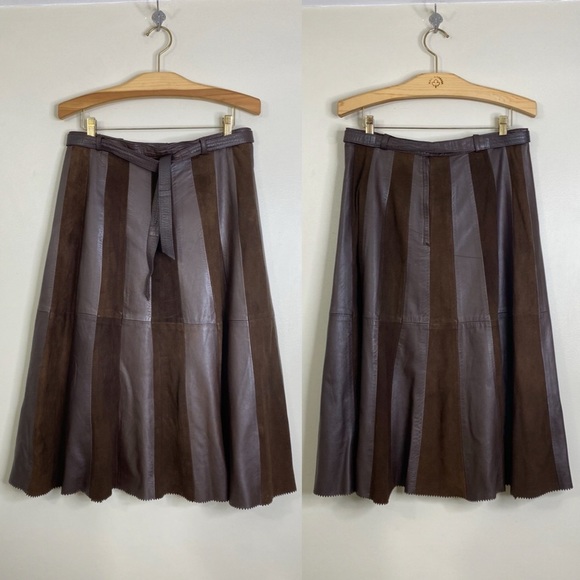 VINTAGE LEATHER SUEDE STRIPED ALINE SKIRT WITH MATCHING LEATHER TIE, ZIGZAG HEM - Picture 1 of 14